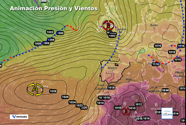 Animación presión y viento, Altas presiones y frentes en frontolisis