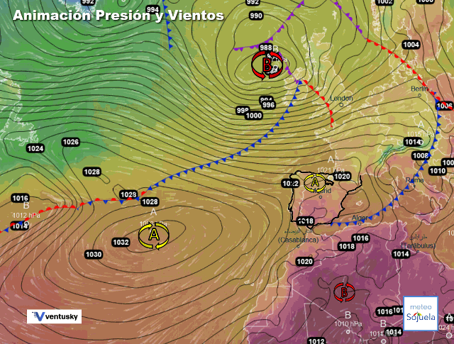 Animación presión y viento, Cuña anticiclónica entre frentes
