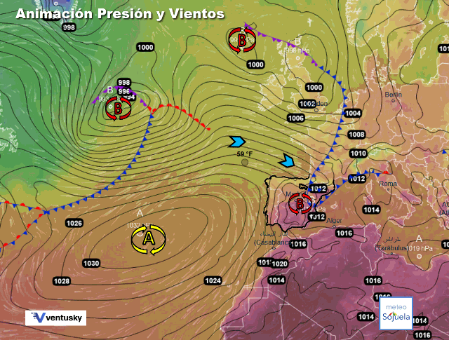 Animación presión y viento, Frentes y viento de NW