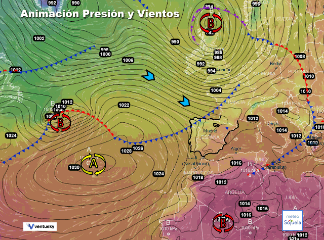 Animación presión y viento, Frentes y vientos de NW