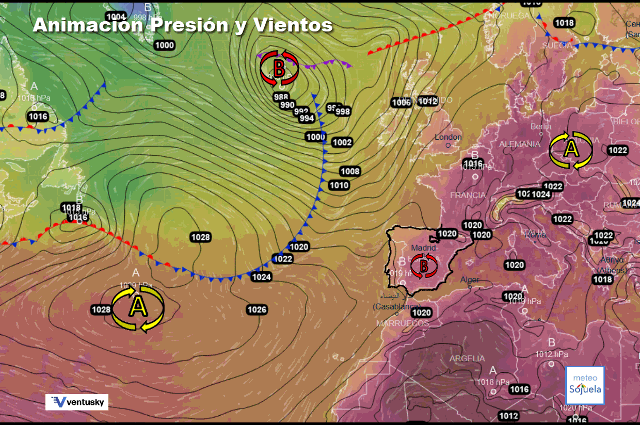 Animación presión y viento, Se acercan frentes