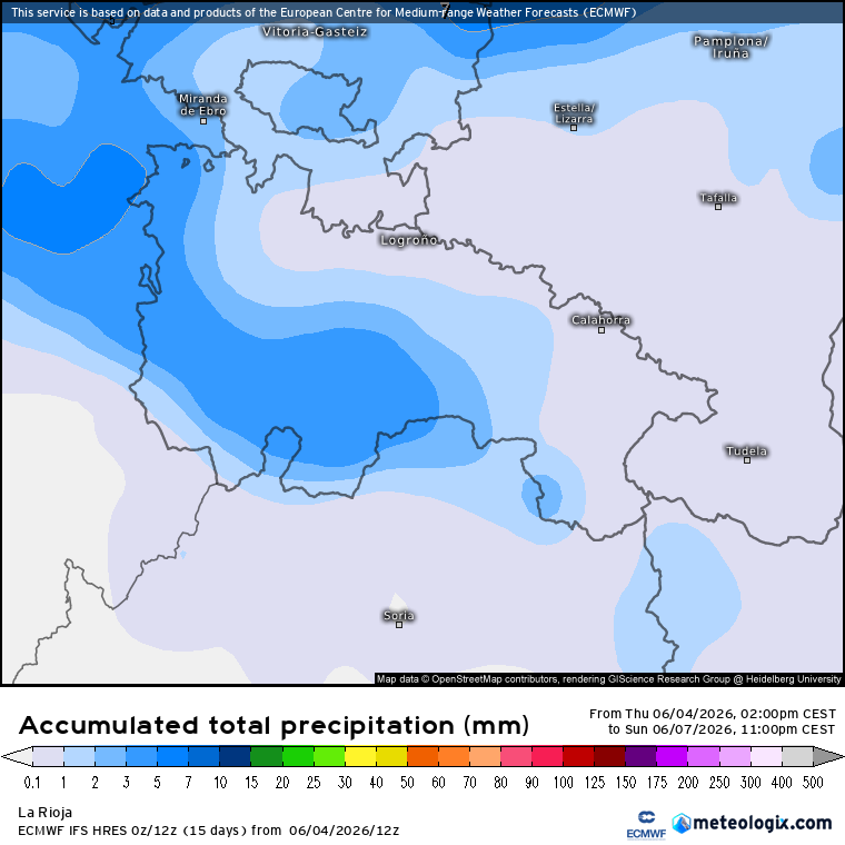 Precipitación Acumulada según ECMWF. Meteosojuela La Rioja