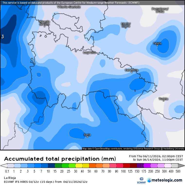 Precipitación Acumulada según ECMWF. Meteosojuela La Rioja