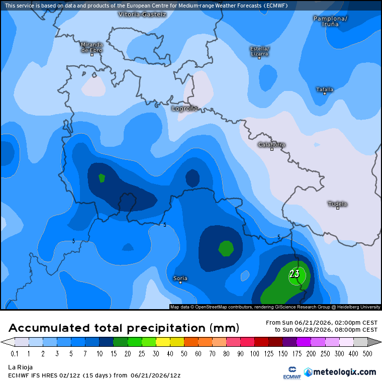 Precipitación Acumulada según ECMWF. Meteosojuela La Rioja