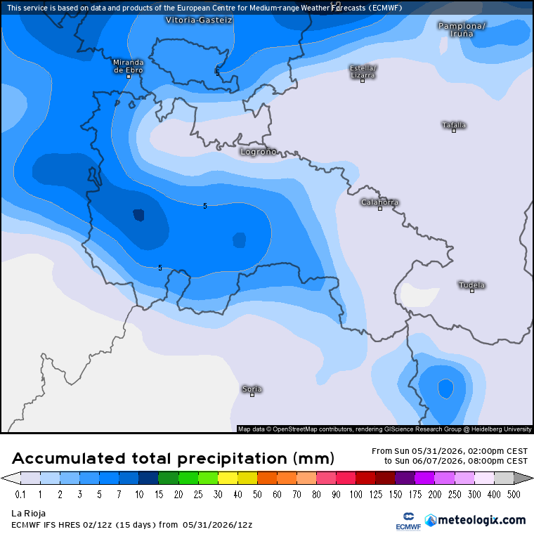 Precipitación Acumulada según ECMWF. Meteosojuela La Rioja