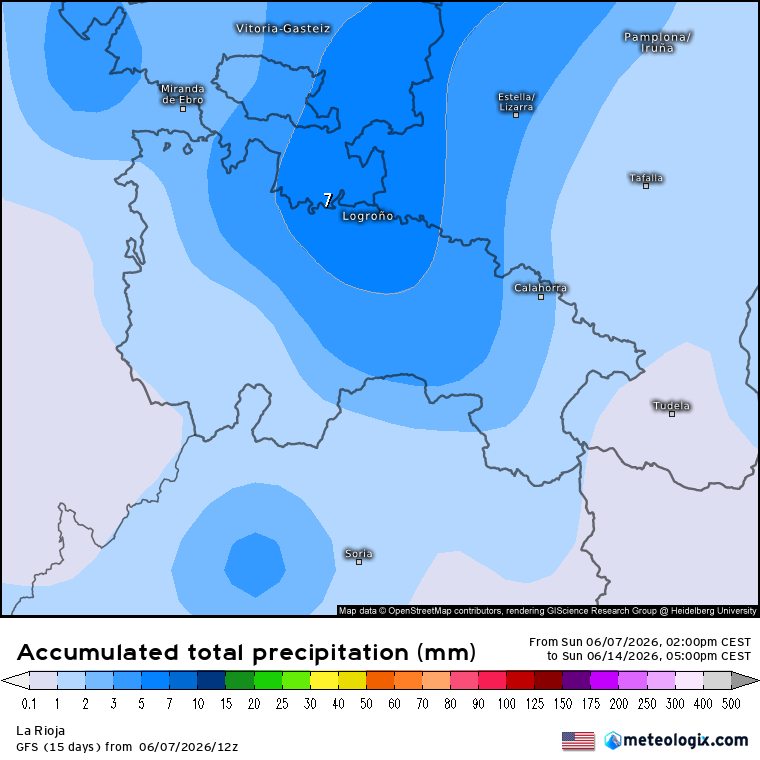 Precipitación Acumulada según GFS. Meteosojuela La Rioja