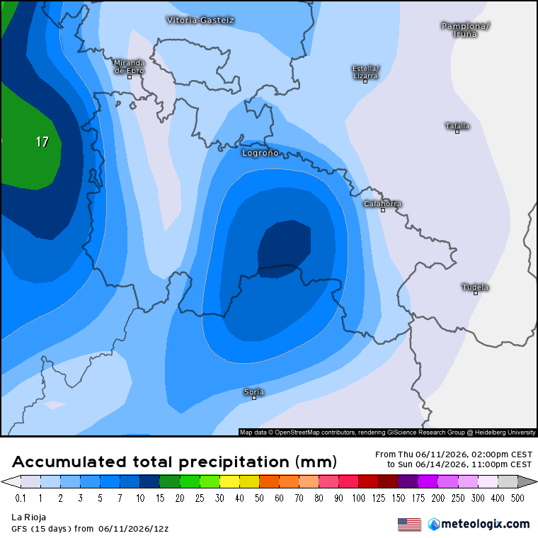 Precipitación Acumulada según GFS. Meteosojuela La Rioja