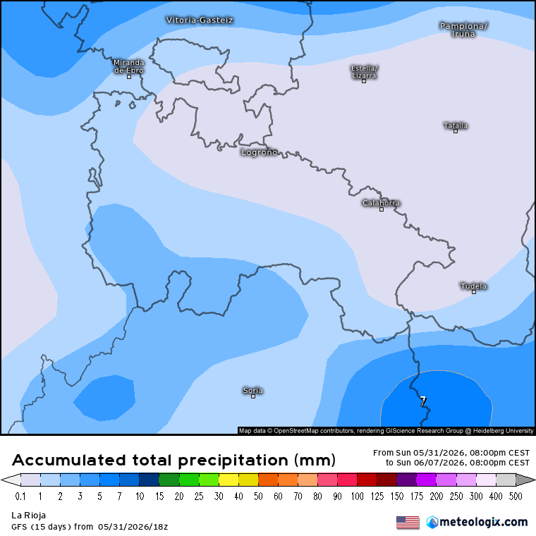 Precipitación Acumulada según GFS. Meteosojuela La Rioja