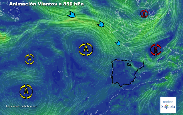 Animación Viento a 850hPa. Situación de NW