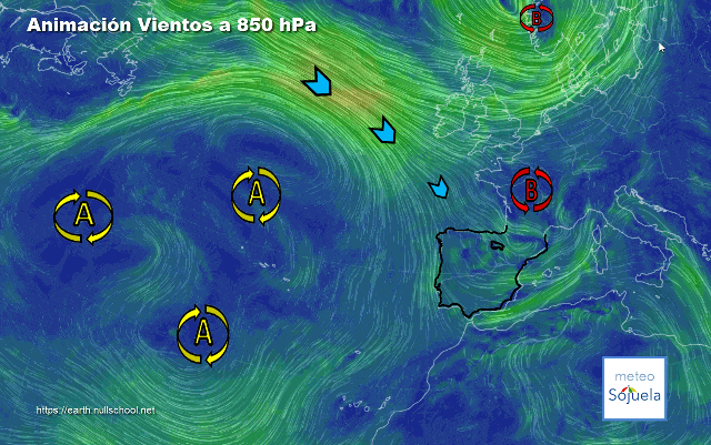 Animación Viento a 850hPa. Situación de NW