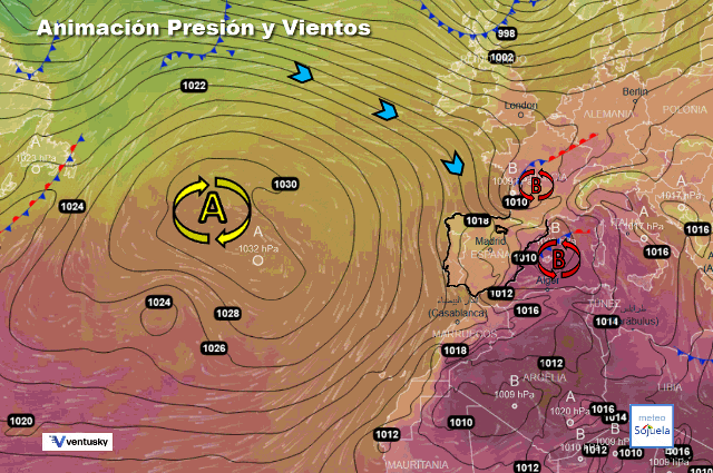 Animación presión y viento, Situación de Nw