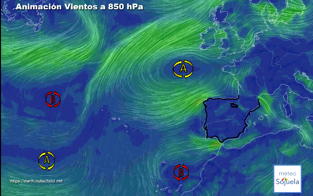 Animación Viento a 850hPa. Altas presiones de bloqueo