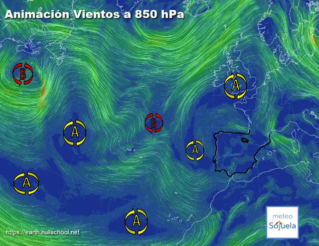 Animación Viento a 850hPa. Altas presiones de bloqueo