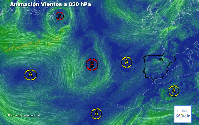 Animación Viento a 850hPa. Altas presiones de bloqueo