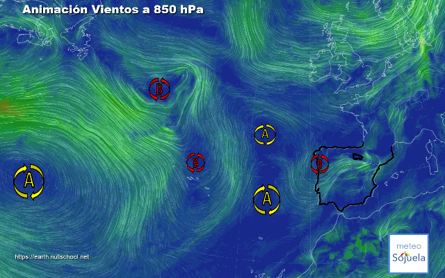 Animación Viento a 850hPa. Altas presiones de bloqueo