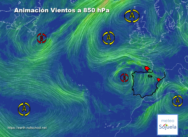 Animación Viento a 850hPa. Altas presiones de bloqueo y baja