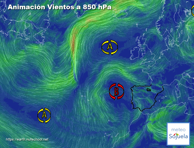 Animación Viento a 850hPa. Altas presiones de bloqueo y baja
