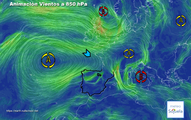 Animación Viento a 850hPa. Altas presiones de bloqueo