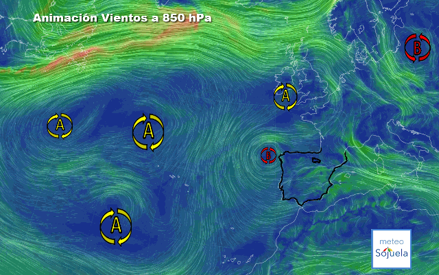 Animación Viento a 850hPa. Anticiclonazo de bloqueo. y baja asociada a la Dana