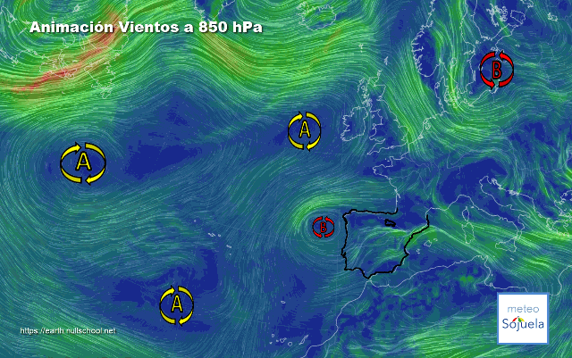 Animación Viento a 850hPa. Anticiclonazo de bloqueo. y baja asociada a la Dana