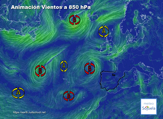 Animación Viento a 850hPa. Baja en el Nw