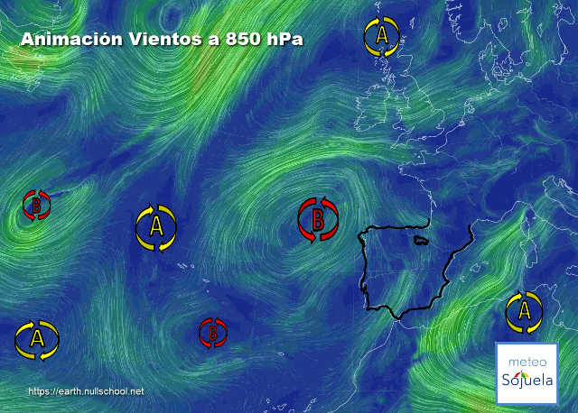 Animación Viento a 850hPa. Baja en el Nw
