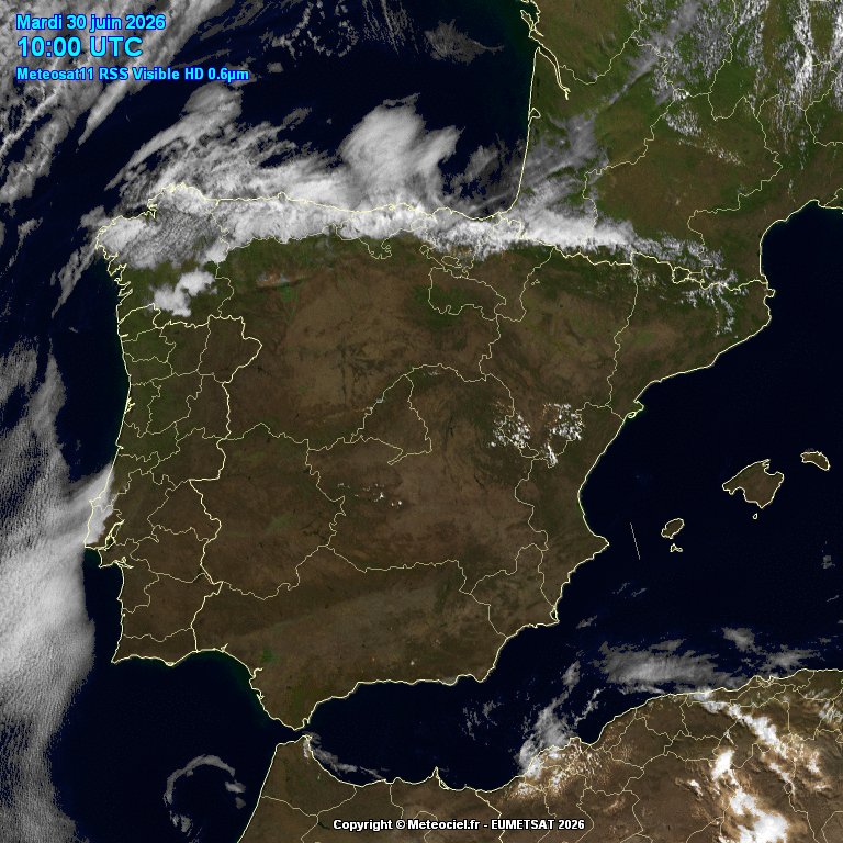 Animación imágenes satélite Meteosat. Cielos despejados y Nubes bajas por vientos de NW