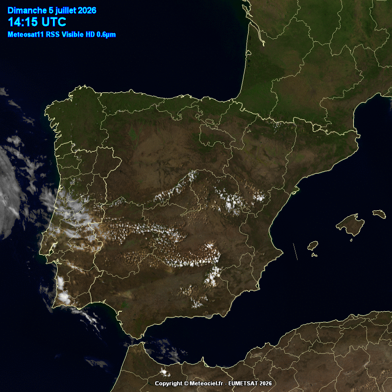 Animación imágenes satélite Meteosat. Cielos despejados y tormentas hacia el Sur