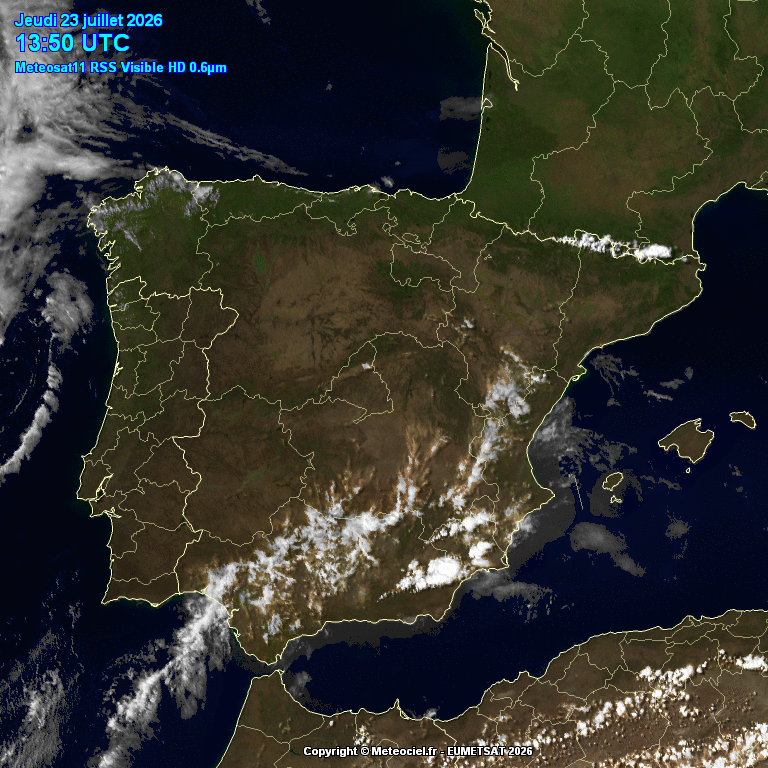 Animación imágenes satélite Meteosat. Poco nuboso o despejado con algunas nubes dispersas