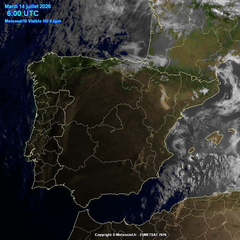 Animación imágenes satélite Meteosat. Poco nuboso. Aumento de la nubosidad por la tarde