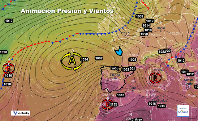 Animación presión y viento, Altas presiones de bloqueo con NW