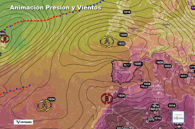 Animación presión y viento, Altas presiones de bloqueo con NW