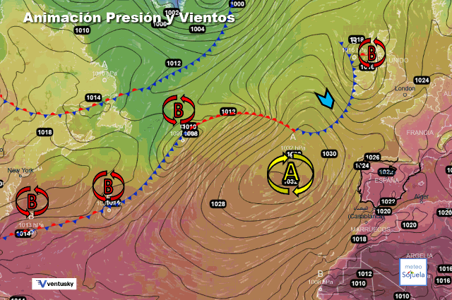 Animación presión y viento, Altas presiones de bloqueo con NW