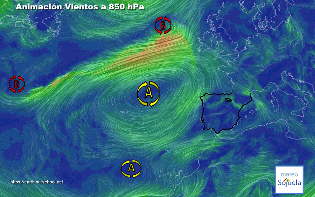 Animación presión y viento, Altas presiones de bloqueo y Situación de NW