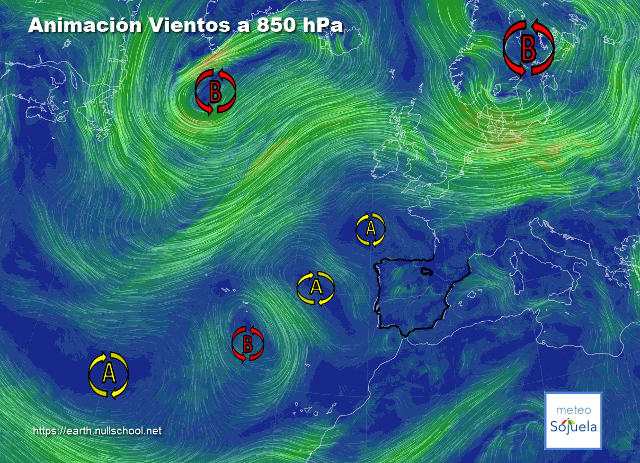 Animación presión y viento, Altas presiones de bloqueo. y DANA