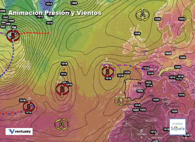 Animación presión y viento, Baja en el NW de la península