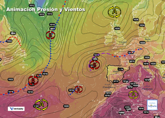 Animación presión y viento, Baja en el NW de la península