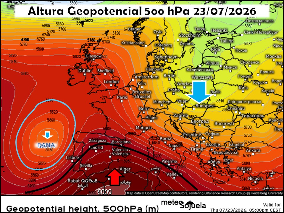 Dorsal Anticiclónica en el Mediterráneo y DANA en el Oeste