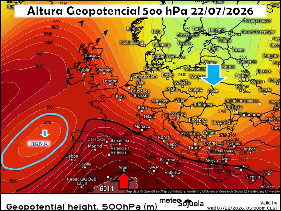 Dorsal Anticiclónica en el Mediterráneo y DANA en el Oeste