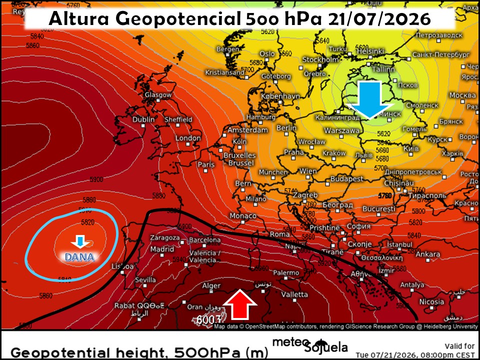 Dorsal Anticiclónica en el Mediterráneo y DANA en el SW
