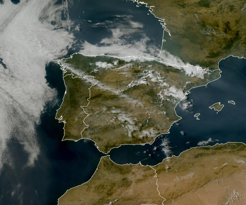 Imagen de satélite. Nubes bajas en el norte, tormentas de tarde y lineas de inestabilidad