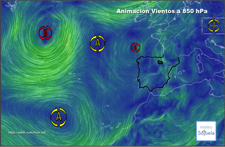 Animación Viento a 850hPa. Altas presiones de bloqueo y baja em disolución