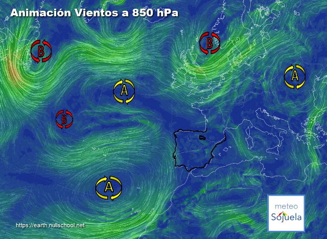 Animación Viento a 850hPa. Altas presiones de bloqueo