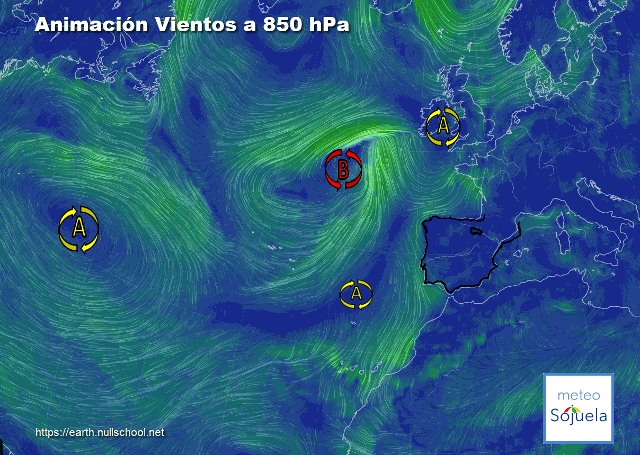 Animación Viento a 850hPa. Altas presiones y baja atlántica