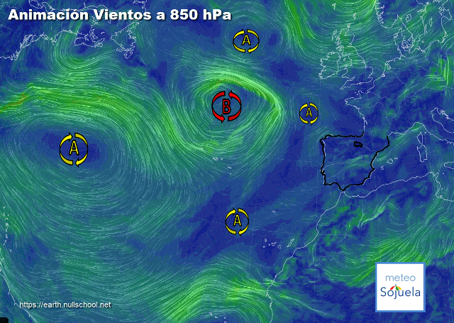 Animación Viento a 850hPa. Altas presiones y baja atlántica