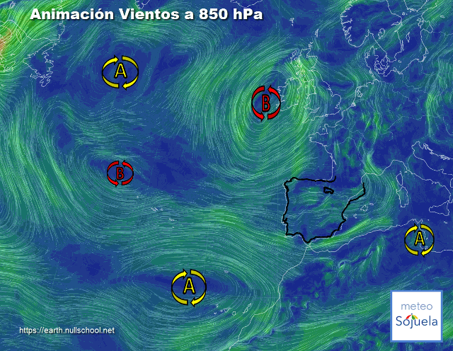 Animación Viento a 850hPa. Baja Atlántica y vientos de SW