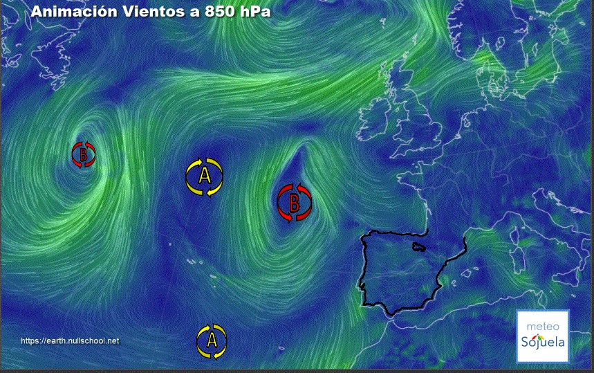 Animación Viento a 850hPa. Baja frente a las costas gallegas