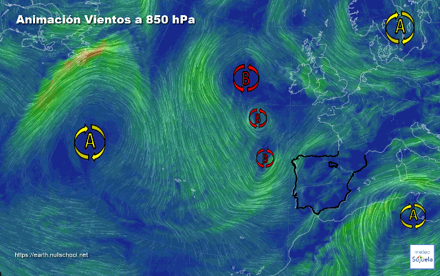 Animación Viento a 850hPa. Bajas presiones sobre la península