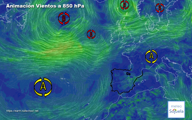 Animación Viento a 850hPa. Bloqueo anticiclónico