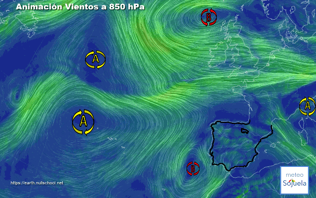 Animación Viento a 850hPa. Bloqueo anticiclónico y Baja en el SW